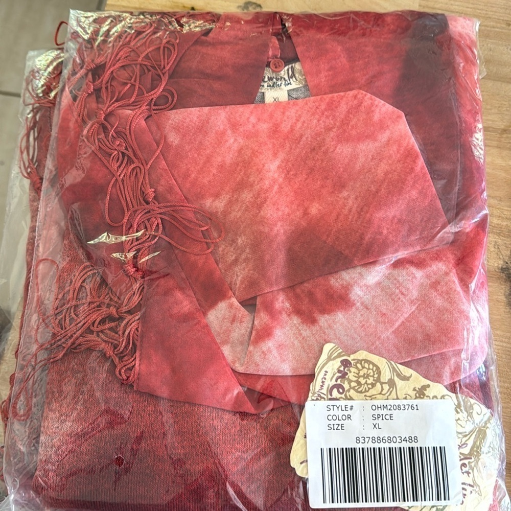 One World Red Washed 3/4 Long Sleeve Light Knit Sweater With Scarf XL - Picture 2 of 3